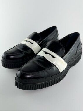 TOD’S Spazzolato Leather Platform Creeper Penny Loafers EU 40 Black White